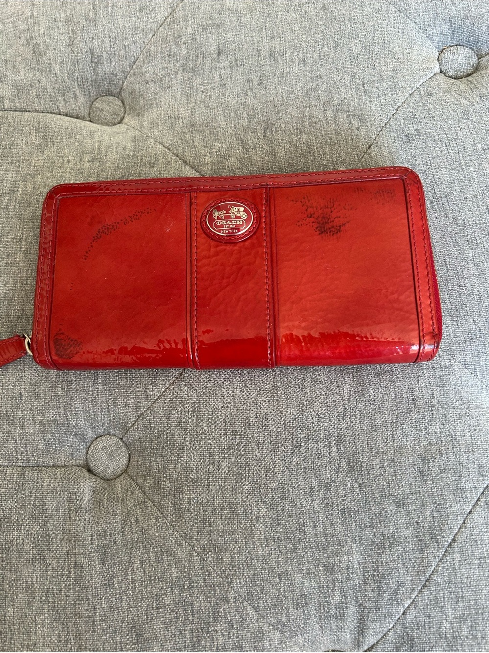 Coach Red Patent Leather Zip-Around Wallet with Logo Medallion